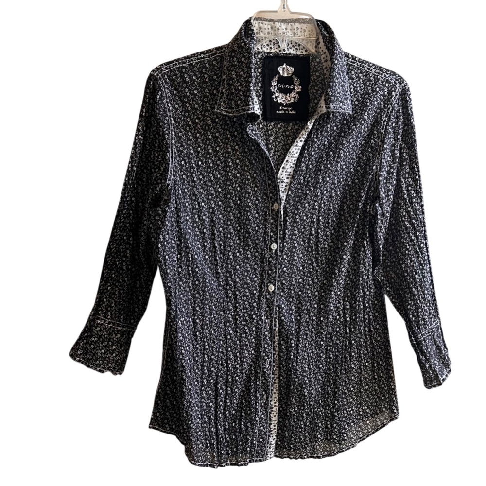 Cino Cotton Crinkle Cotton Contrast Print Long Sleeve Button Front Blouse XL